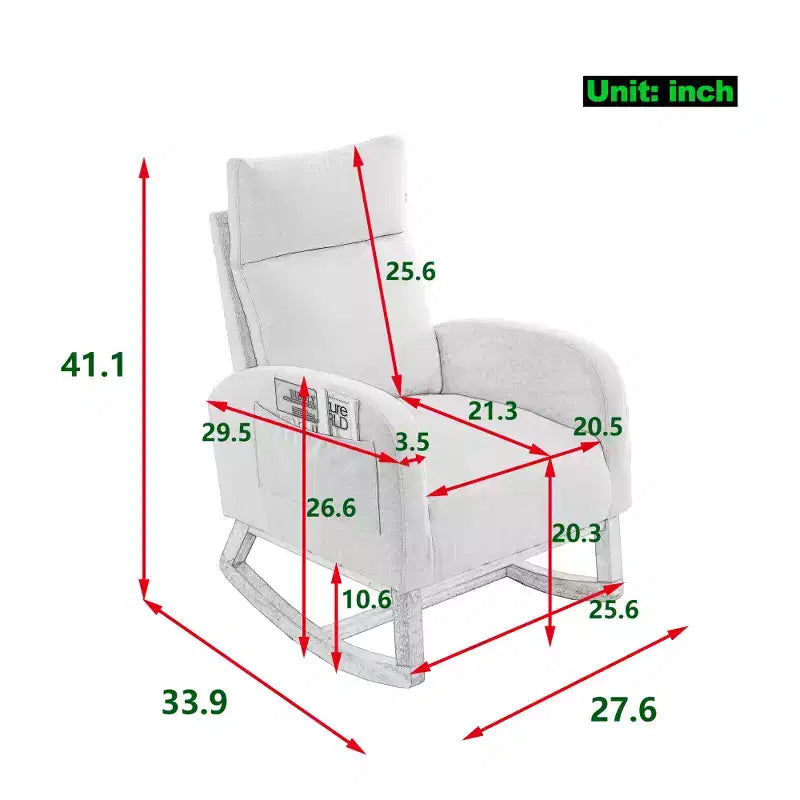 Fauteuil à bascule rembourré à dossier haut moderne avec 2 poches de rangement latérales – 70 cm