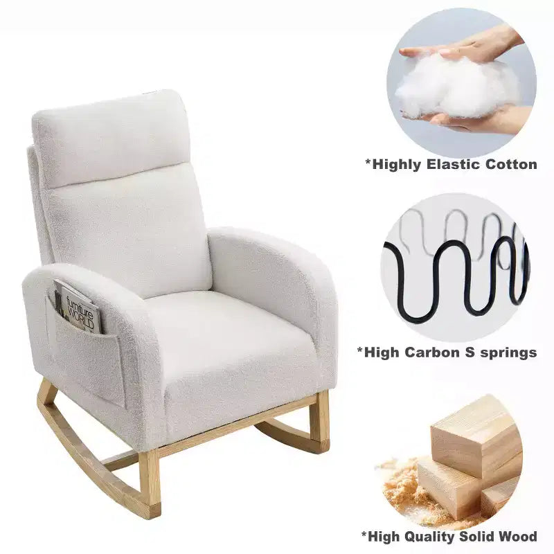 Fauteuil à bascule rembourré à dossier haut moderne avec 2 poches de rangement latérales – 70 cm