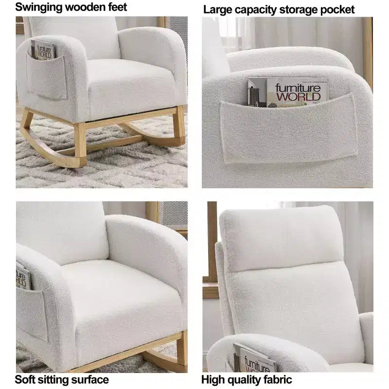 Fauteuil à bascule rembourré à dossier haut moderne avec 2 poches de rangement latérales – 70 cm