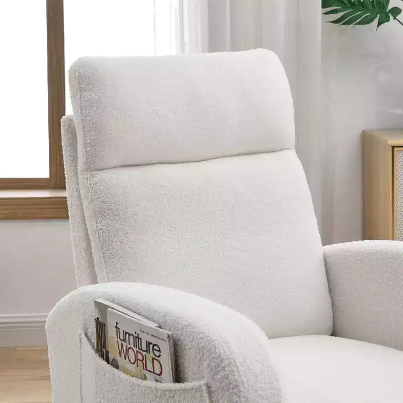 Fauteuil à bascule rembourré à dossier haut moderne avec 2 poches de rangement latérales – 70 cm