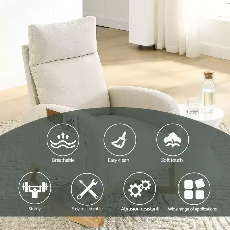 Fauteuil à bascule rembourré à dossier haut moderne avec 2 poches de rangement latérales – 70 cm