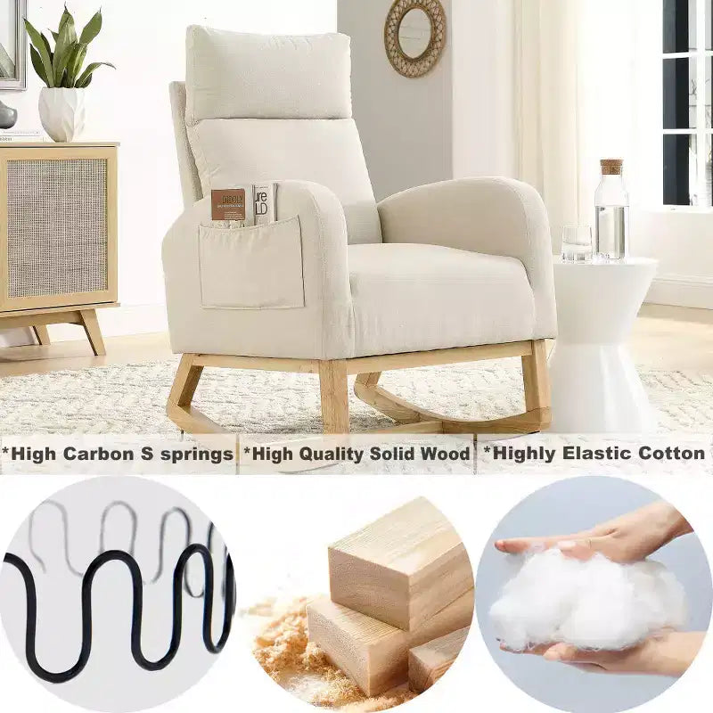 Fauteuil à bascule rembourré à dossier haut moderne avec 2 poches de rangement latérales – 70 cm