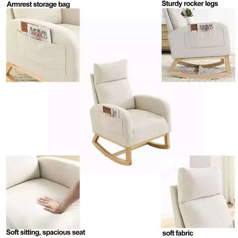 Fauteuil à bascule rembourré à dossier haut moderne avec 2 poches de rangement latérales – 70 cm