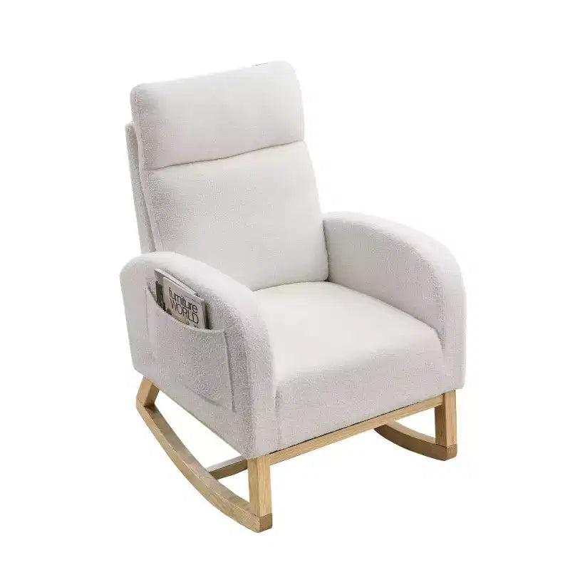 Fauteuil à bascule rembourré à dossier haut moderne avec 2 poches de rangement latérales – 70 cm