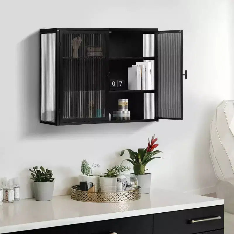 Meuble Mural Moderne avec Deux Portes Vitrées – Rangement pour Salle de Bain et Cuisine