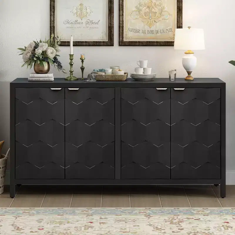 Vaisselier Buffet Luxueux avec 4 Portes à Motif Nid d'Abeille – Rangement Salle à Manger