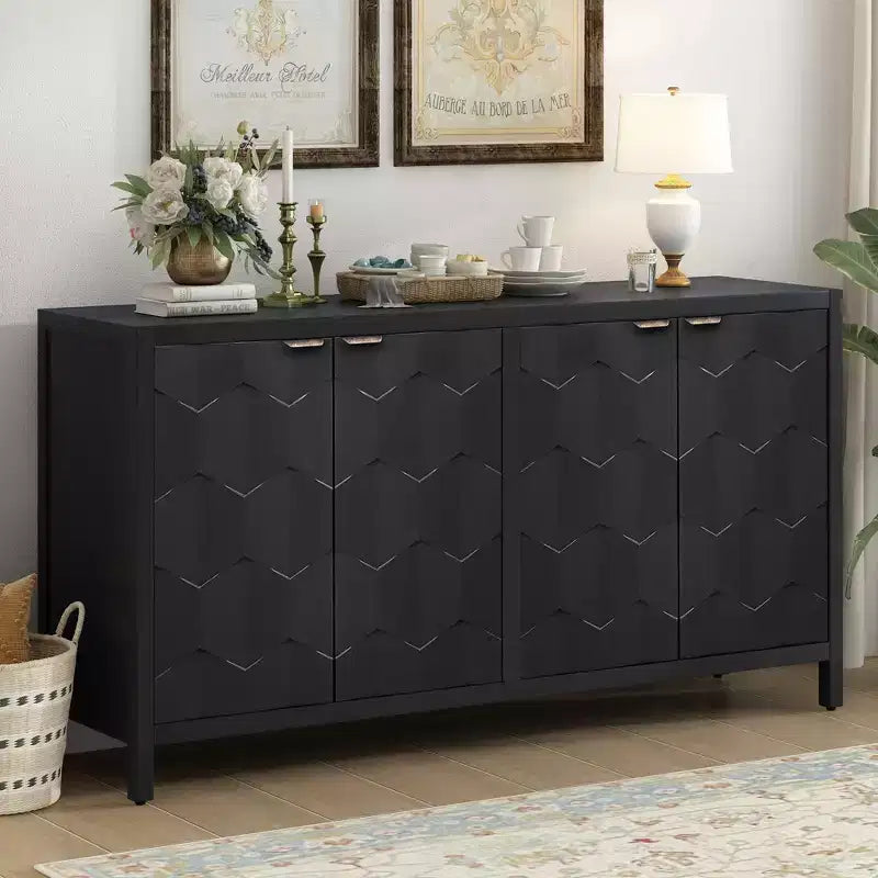 Okak Luxurious Sideboard Buffet, Storage Cabinet with 4 Honeycomb Patterned Doors, Coffee Bar Cabinet for Dining Room Living Room Entranway