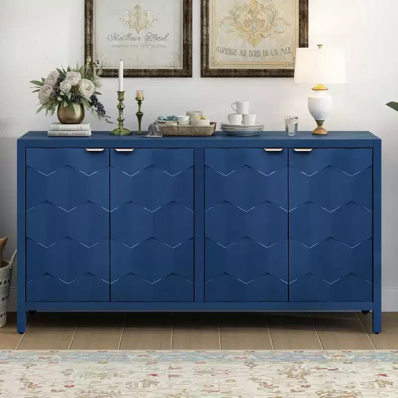 Vaisselier Buffet Luxueux avec 4 Portes à Motif Nid d'Abeille – Rangement Salle à Manger