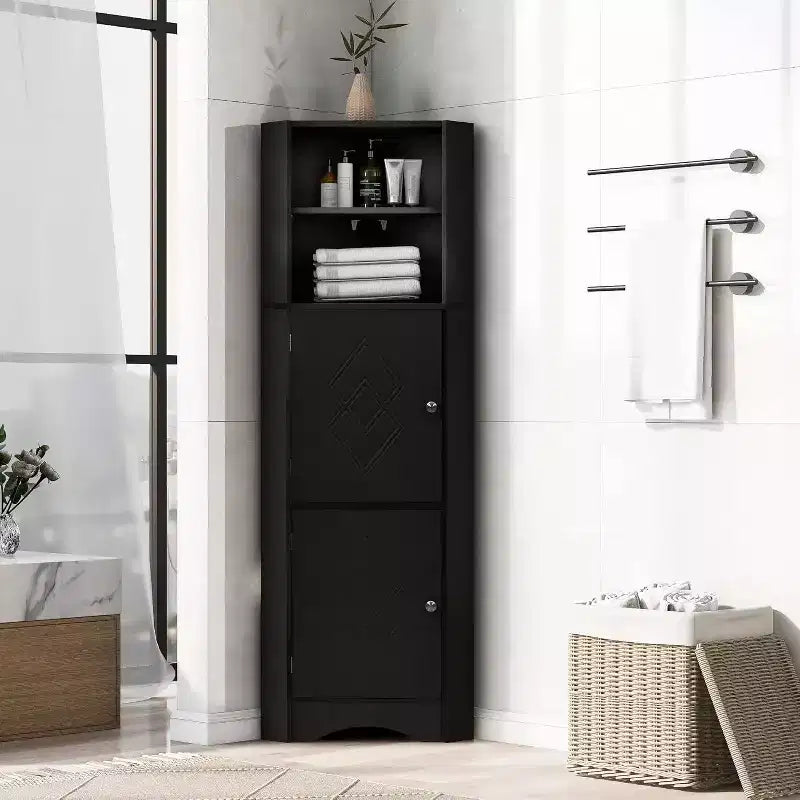 Meuble d'angle moderne, Unité de rangement haute sur pied avec étagères réglables, Conception géométrique en losange, Montage facile, Fini noir