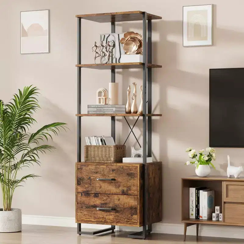 4-Tier Bookshelf with Drawers and Open Shelves 70.9 Inch Tall Storage Bookcase for Living Room Bedroom Office
