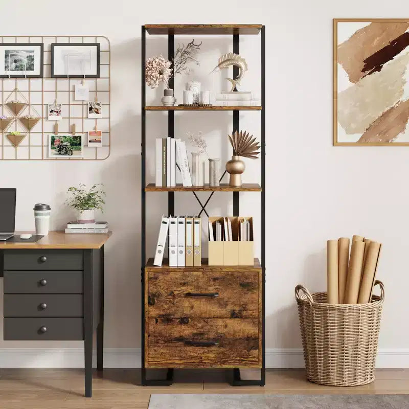 4-Tier Bookshelf with Drawers and Open Shelves 70.9 Inch Tall Storage Bookcase for Living Room Bedroom Office