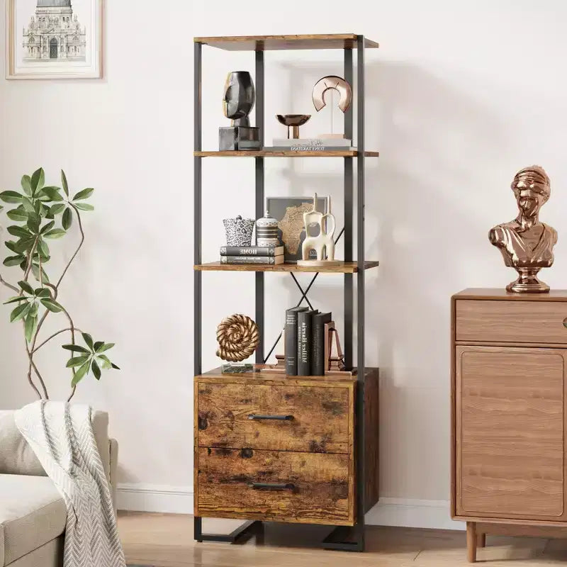 4-Tier Bookshelf with Drawers and Open Shelves 70.9 Inch Tall Storage Bookcase for Living Room Bedroom Office