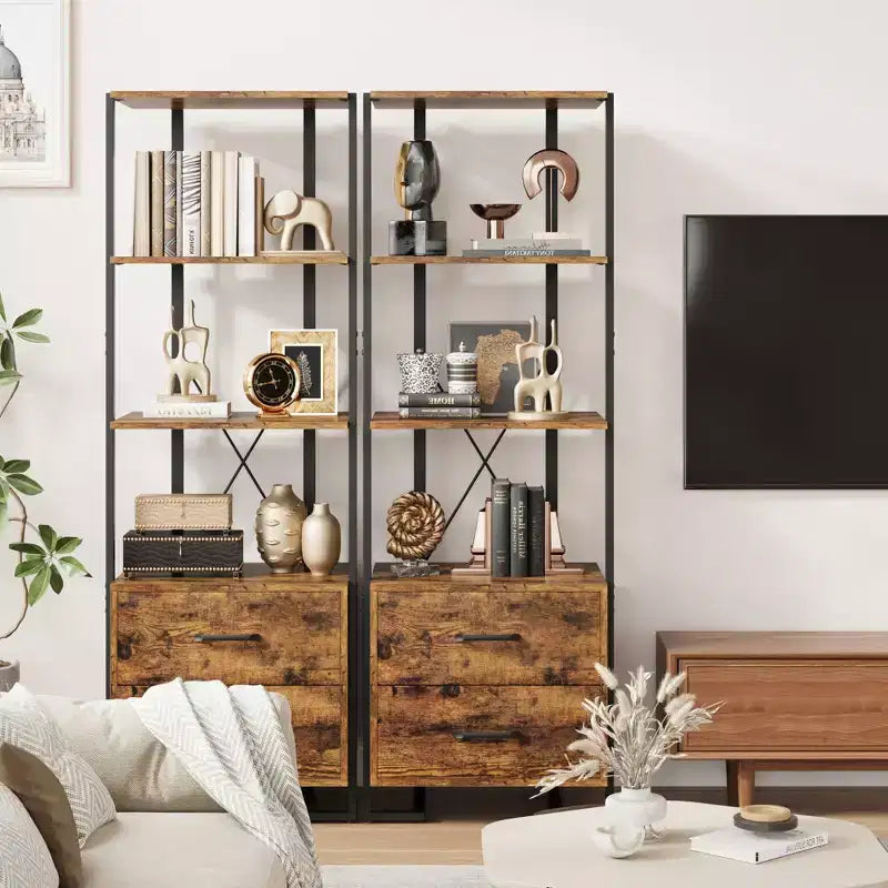 4-Tier Bookshelf with Drawers and Open Shelves 70.9 Inch Tall Storage Bookcase for Living Room Bedroom Office