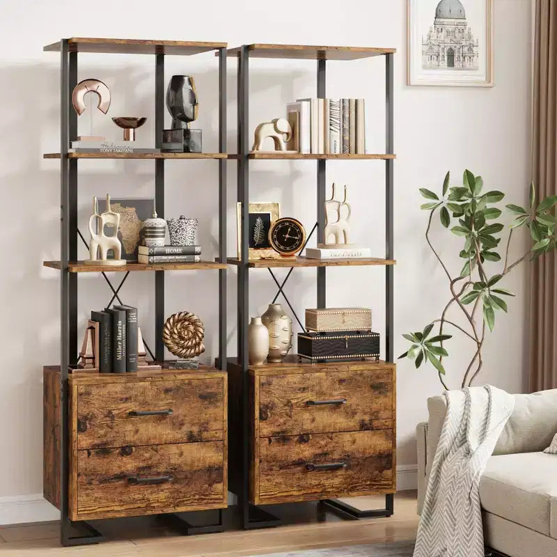 4-Tier Bookshelf with Drawers and Open Shelves 70.9 Inch Tall Storage Bookcase for Living Room Bedroom Office