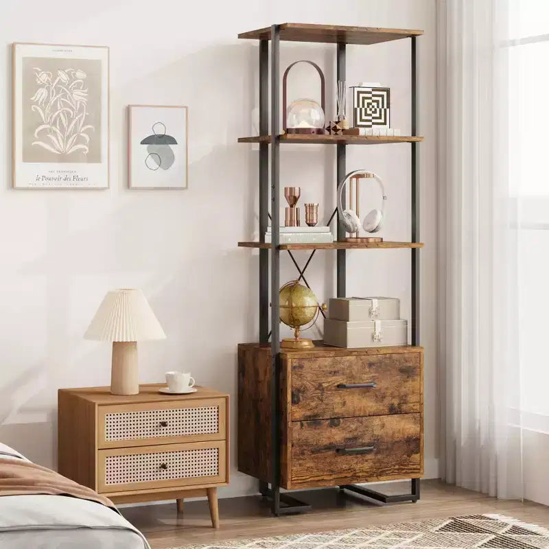 4-Tier Bookshelf with Drawers and Open Shelves 70.9 Inch Tall Storage Bookcase for Living Room Bedroom Office
