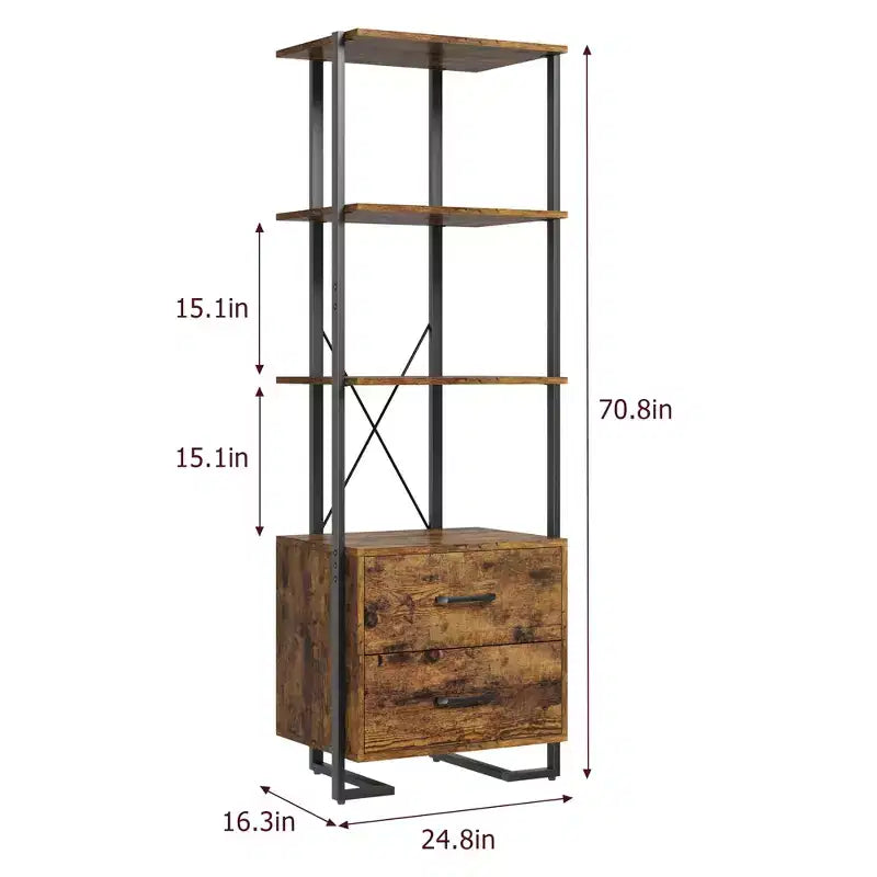 4-Tier Bookshelf with Drawers and Open Shelves 70.9 Inch Tall Storage Bookcase for Living Room Bedroom Office