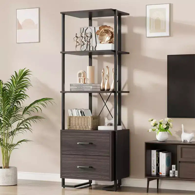 4-Tier Bookshelf with Drawers and Open Shelves 70.9 Inch Tall Storage Bookcase for Living Room Bedroom Office