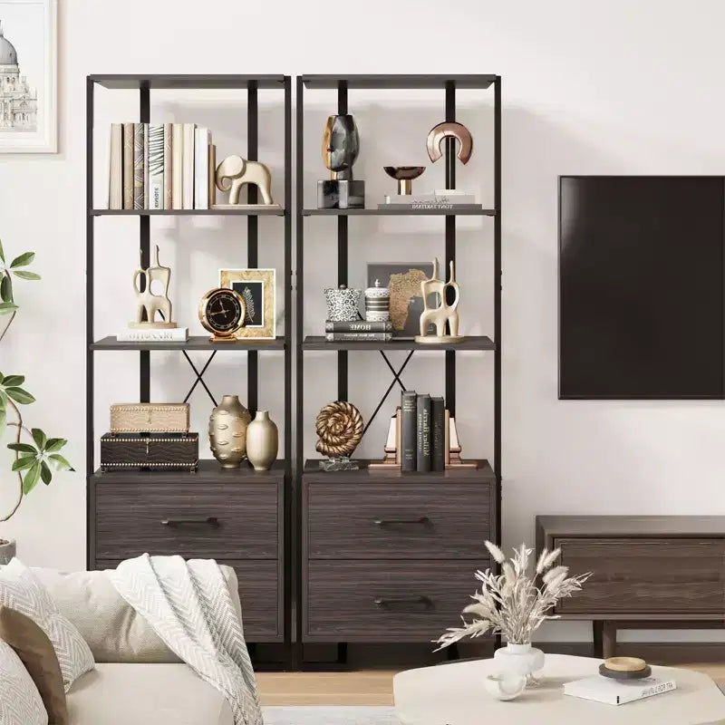 4-Tier Bookshelf with Drawers and Open Shelves 70.9 Inch Tall Storage Bookcase for Living Room Bedroom Office
