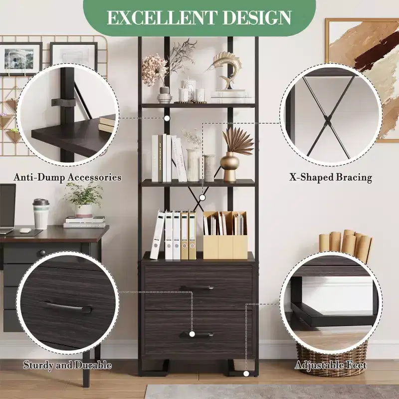 4-Tier Bookshelf with Drawers and Open Shelves 70.9 Inch Tall Storage Bookcase for Living Room Bedroom Office