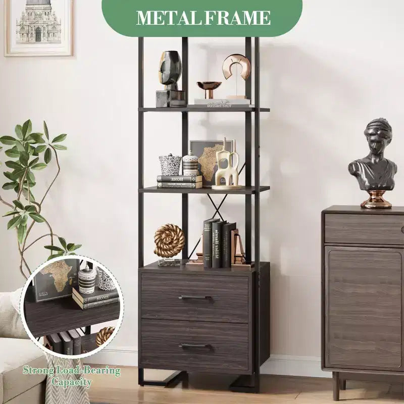4-Tier Bookshelf with Drawers and Open Shelves 70.9 Inch Tall Storage Bookcase for Living Room Bedroom Office