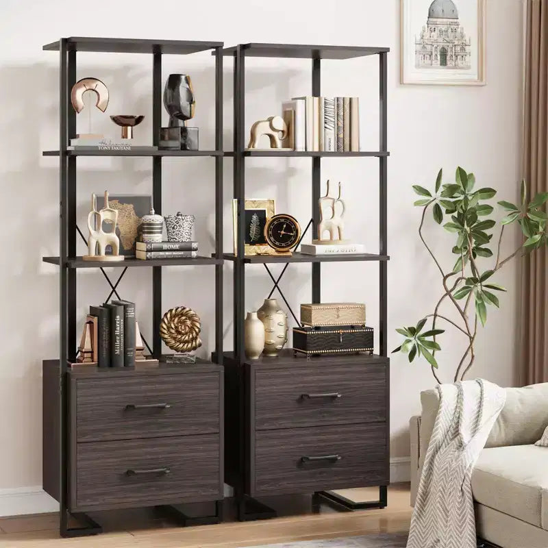4-Tier Bookshelf with Drawers and Open Shelves 70.9 Inch Tall Storage Bookcase for Living Room Bedroom Office