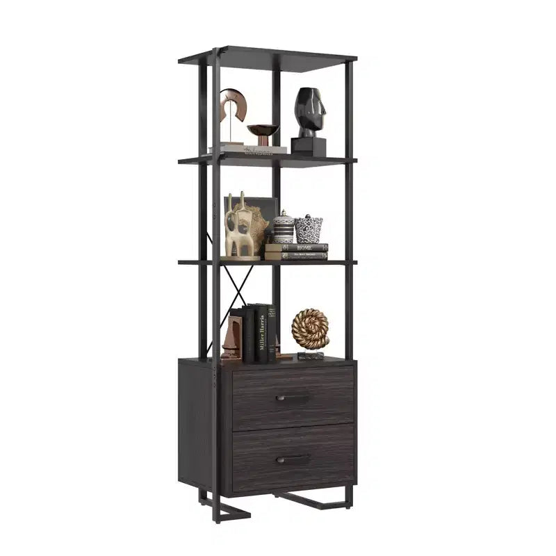 4-Tier Bookshelf with Drawers and Open Shelves 70.9 Inch Tall Storage Bookcase for Living Room Bedroom Office