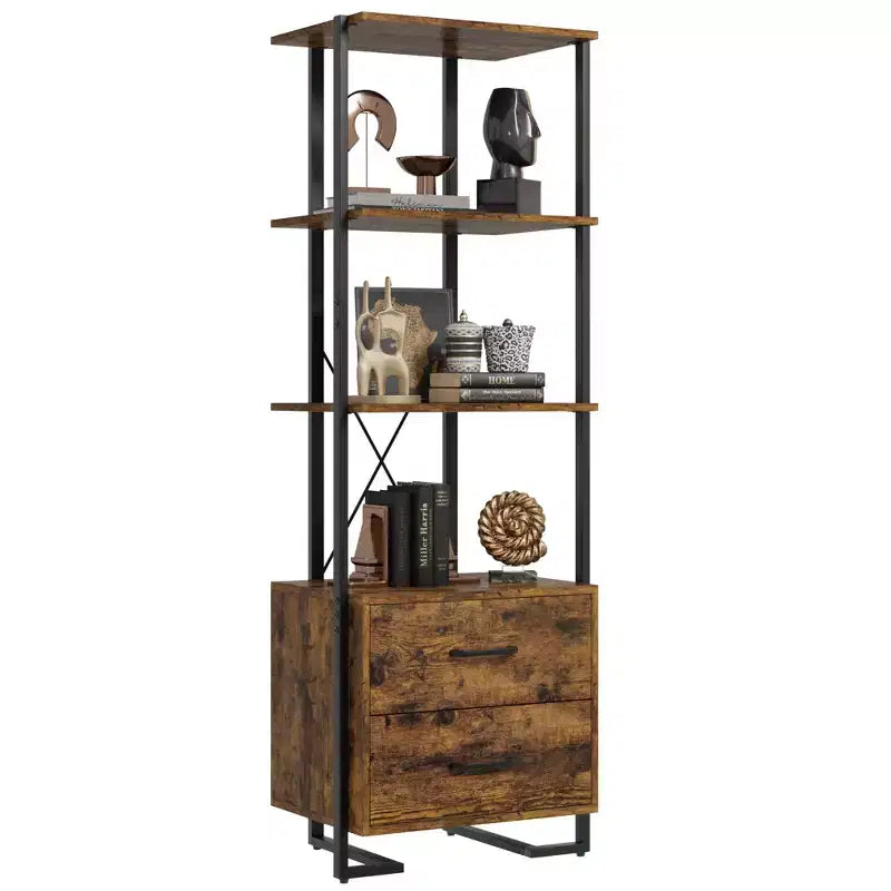 4-Tier Bookshelf with Drawers and Open Shelves 70.9 Inch Tall Storage Bookcase for Living Room Bedroom Office