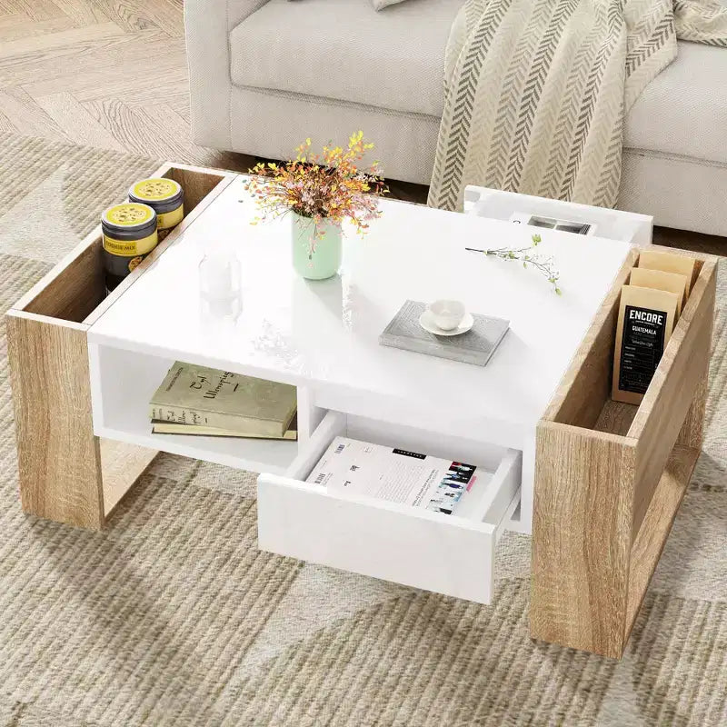 High Gloss Coffee Table with 2 Drawers & Hidden Compartments – Two-Tone Center Table