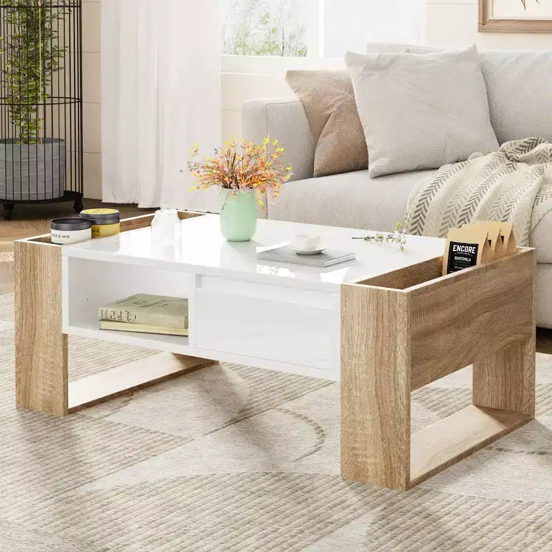 High Gloss Coffee Table with 2 Drawers & Hidden Compartments – Two-Tone Center Table