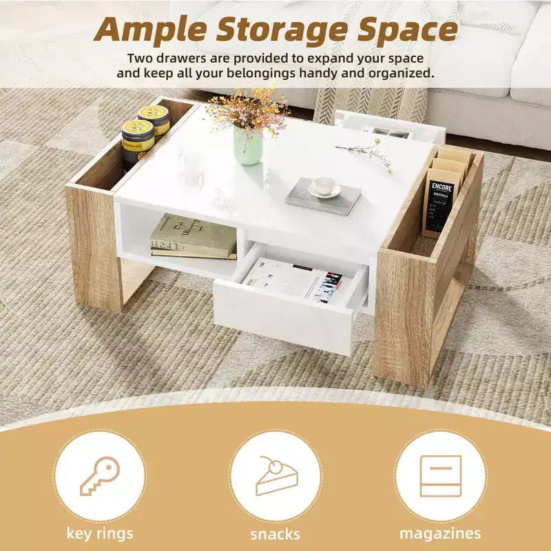 High Gloss Coffee Table with 2 Drawers & Hidden Compartments – Two-Tone Center Table