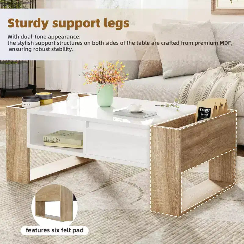 High Gloss Coffee Table with 2 Drawers & Hidden Compartments – Two-Tone Center Table
