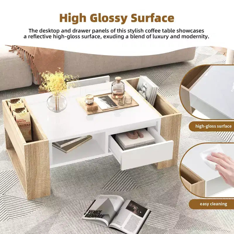 High Gloss Coffee Table with 2 Drawers & Hidden Compartments – Two-Tone Center Table