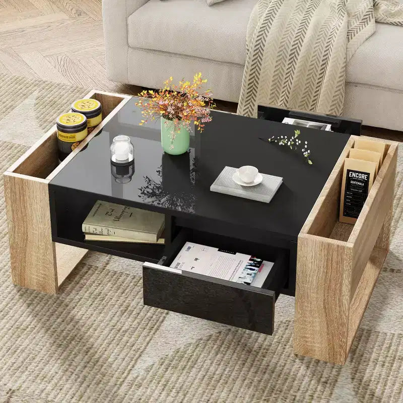High Gloss Coffee Table with 2 Drawers & Hidden Compartments – Two-Tone Center Table
