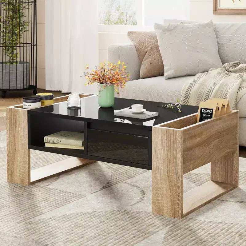 High Gloss Coffee Table with 2 Drawers & Hidden Compartments – Two-Tone Center Table