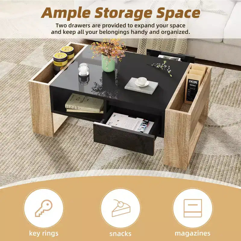 High Gloss Coffee Table with 2 Drawers & Hidden Compartments – Two-Tone Center Table