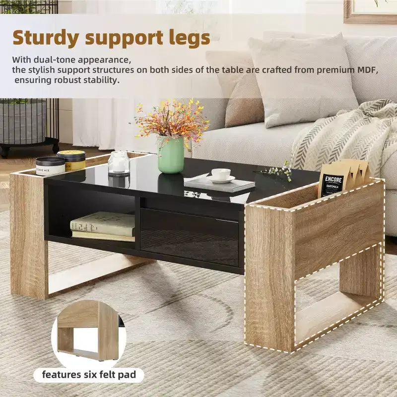 High Gloss Coffee Table with 2 Drawers & Hidden Compartments – Two-Tone Center Table