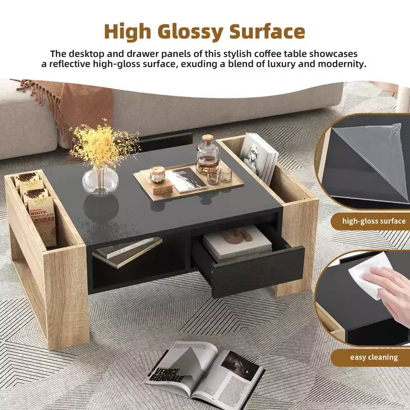 High Gloss Coffee Table with 2 Drawers & Hidden Compartments – Two-Tone Center Table