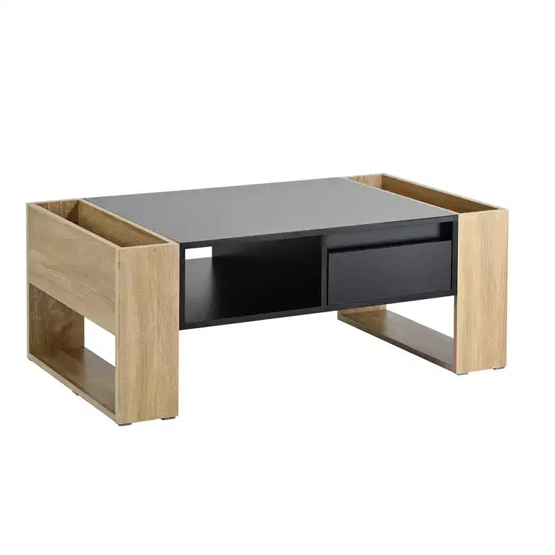 CLIHOME High Gloss Coffee Table with 2 Drawers, Practical Two Tone Center Table with Hidden Compartments