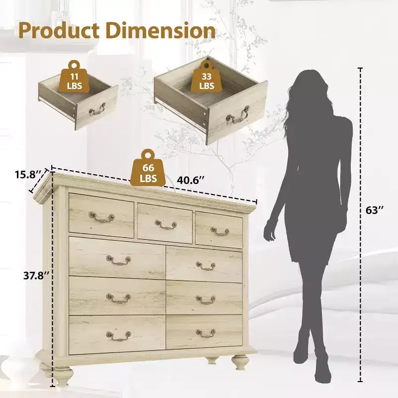 9-Drawer Farmhouse Dresser - Rustic Storage Chest with Metal Handles for Bedroom & Living Room