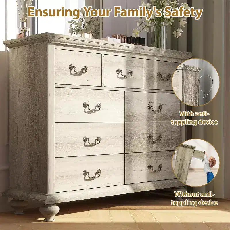 9-Drawer Farmhouse Dresser - Rustic Storage Chest with Metal Handles for Bedroom & Living Room