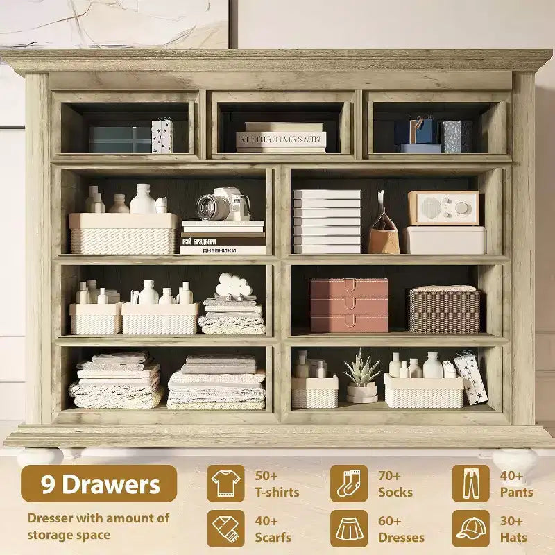 9-Drawer Farmhouse Dresser - Rustic Storage Chest with Metal Handles for Bedroom & Living Room