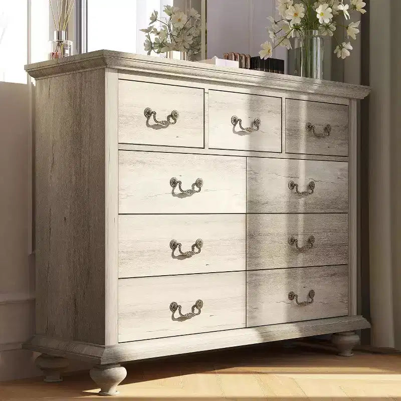 9-Drawer Farmhouse Dresser - Rustic Storage Chest with Metal Handles for Bedroom & Living Room