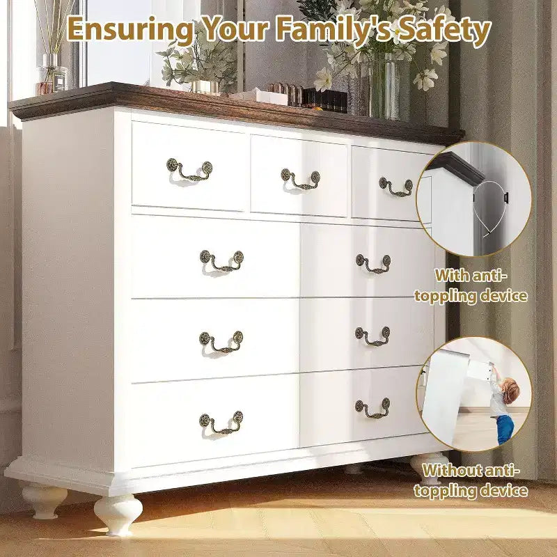9-Drawer Farmhouse Dresser - Rustic Storage Chest with Metal Handles for Bedroom & Living Room