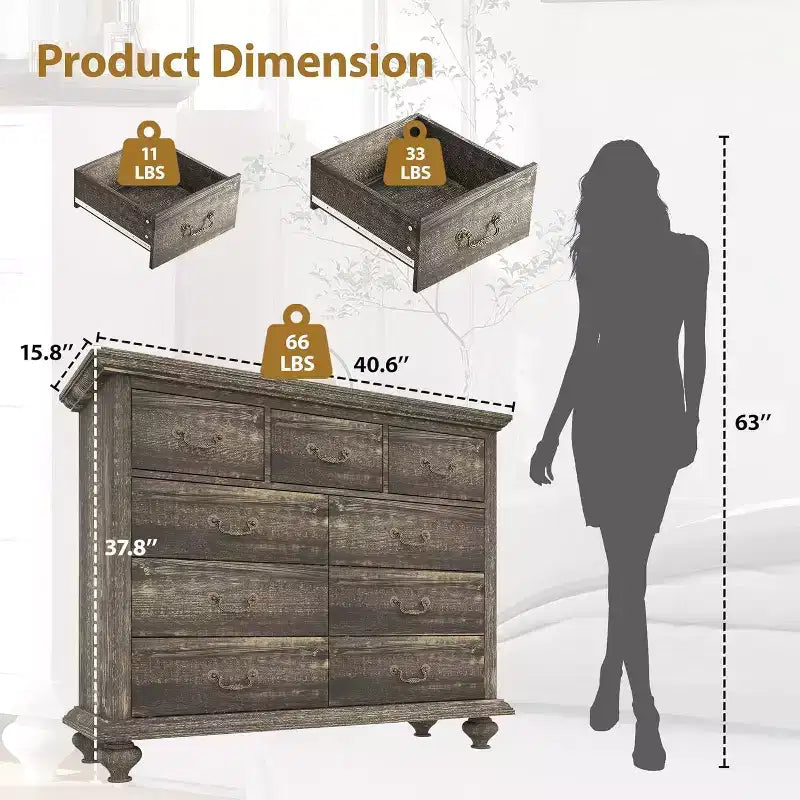 9-Drawer Farmhouse Dresser - Rustic Storage Chest with Metal Handles for Bedroom & Living Room