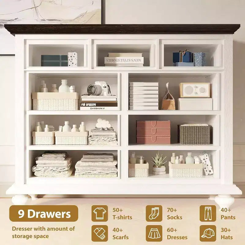 9-Drawer Farmhouse Dresser - Rustic Storage Chest with Metal Handles for Bedroom & Living Room