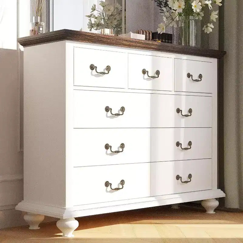 9-Drawer Farmhouse Dresser - Rustic Storage Chest with Metal Handles for Bedroom & Living Room