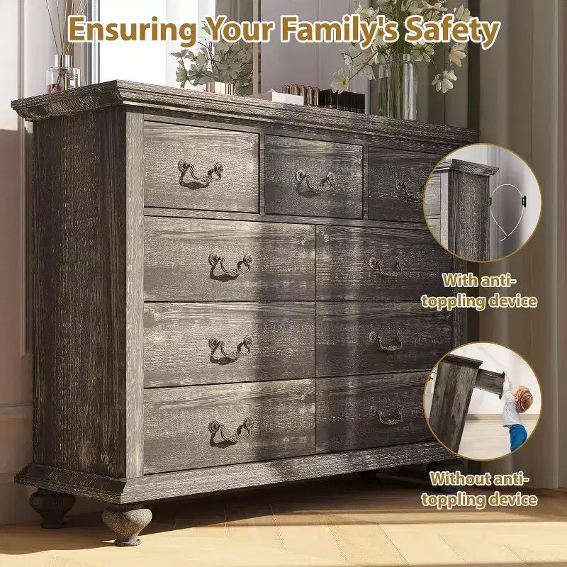 9-Drawer Farmhouse Dresser - Rustic Storage Chest with Metal Handles for Bedroom & Living Room