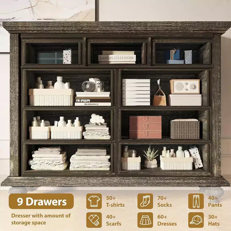 9-Drawer Farmhouse Dresser - Rustic Storage Chest with Metal Handles for Bedroom & Living Room
