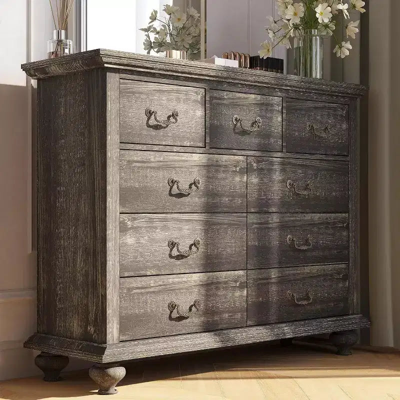9-Drawer Farmhouse Dresser - Rustic Storage Chest with Metal Handles for Bedroom & Living Room