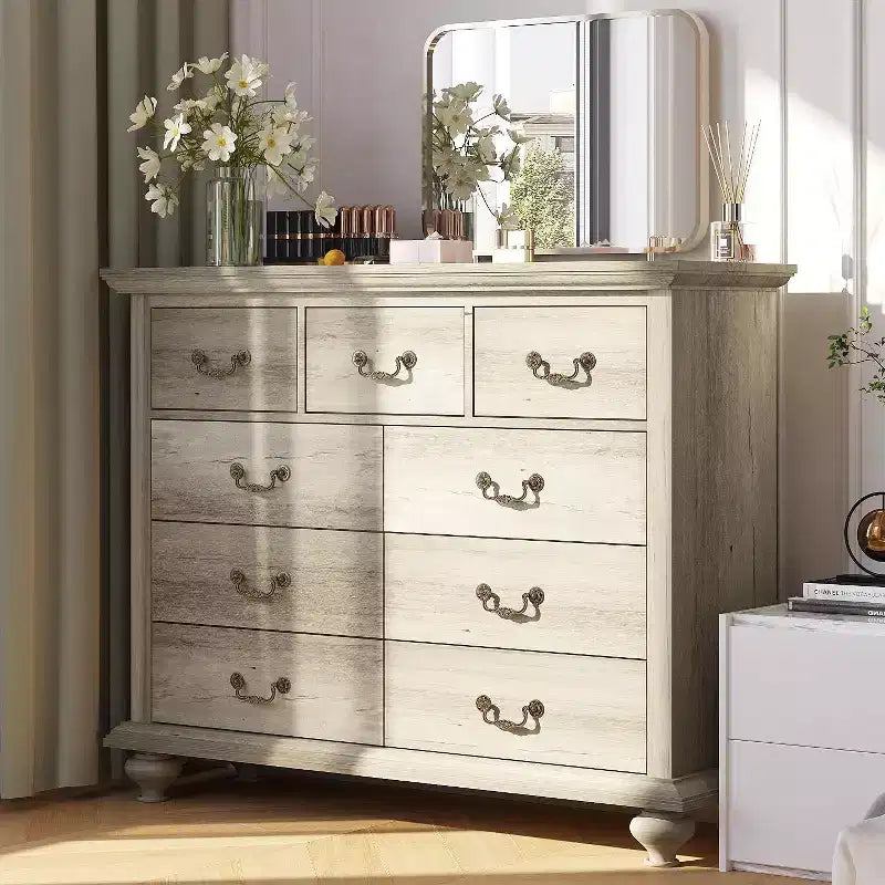 9-Drawer Farmhouse Dresser - Rustic Storage Chest with Metal Handles for Bedroom & Living Room
